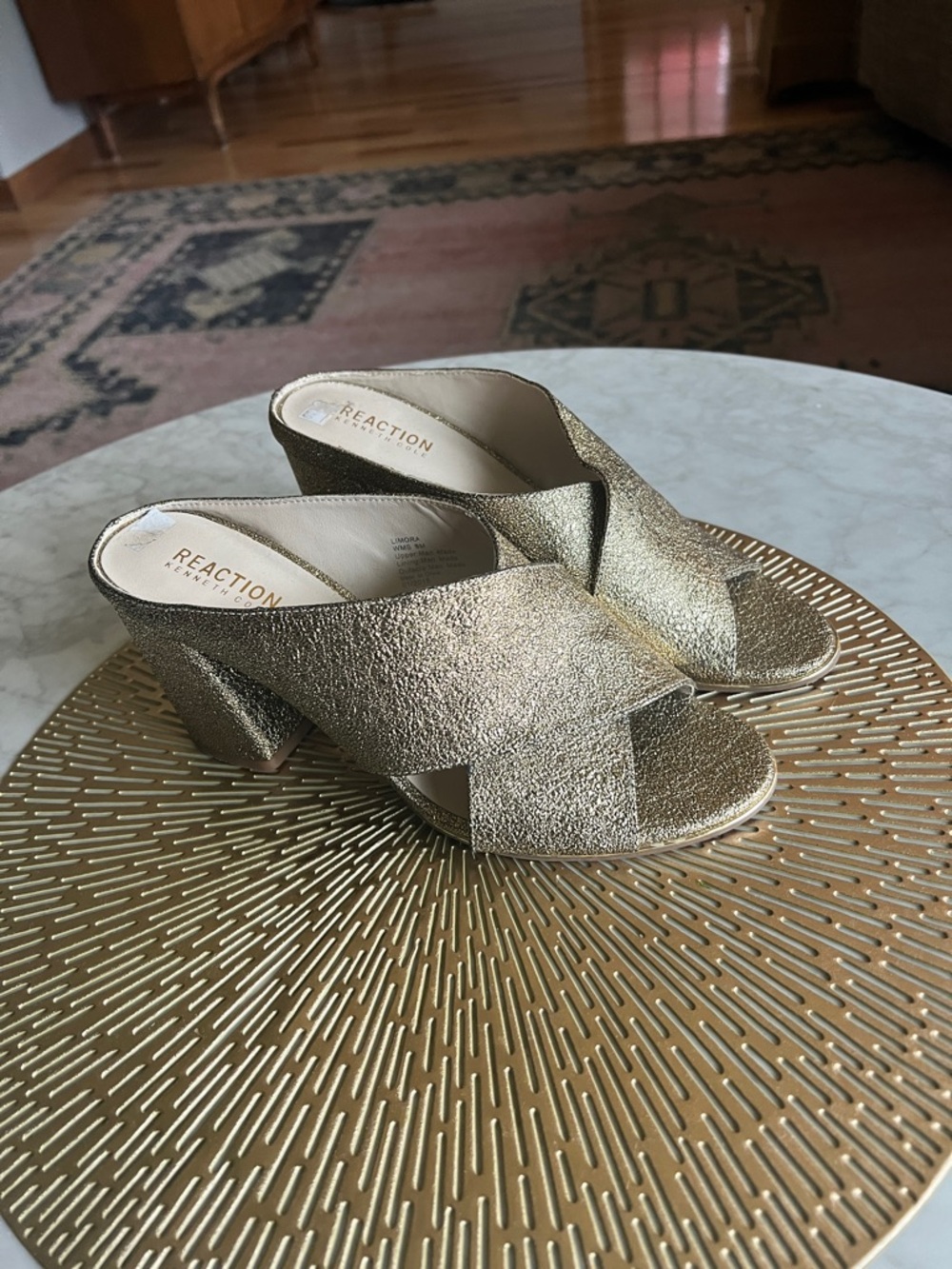 Kenneth Cole Reaction Metallic Gold Textured Crossover Mules